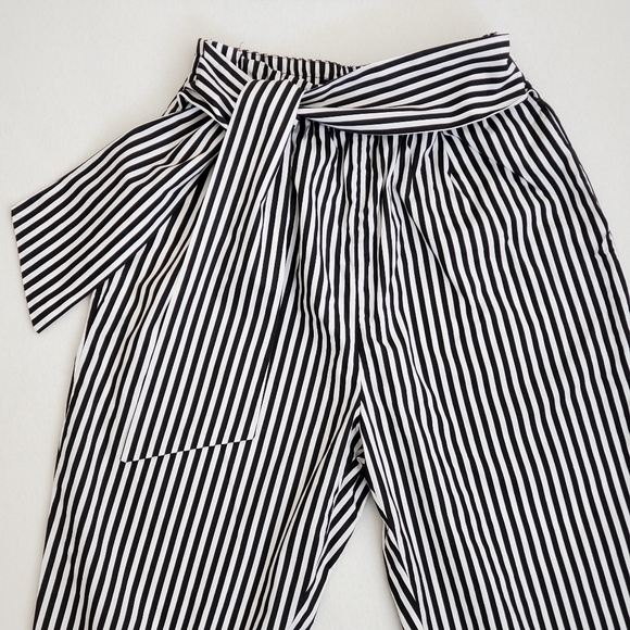 Zara High Waisted Striped Tie Front Poplin Paperbag Pants XS Business Casual - Picture 6 of 12